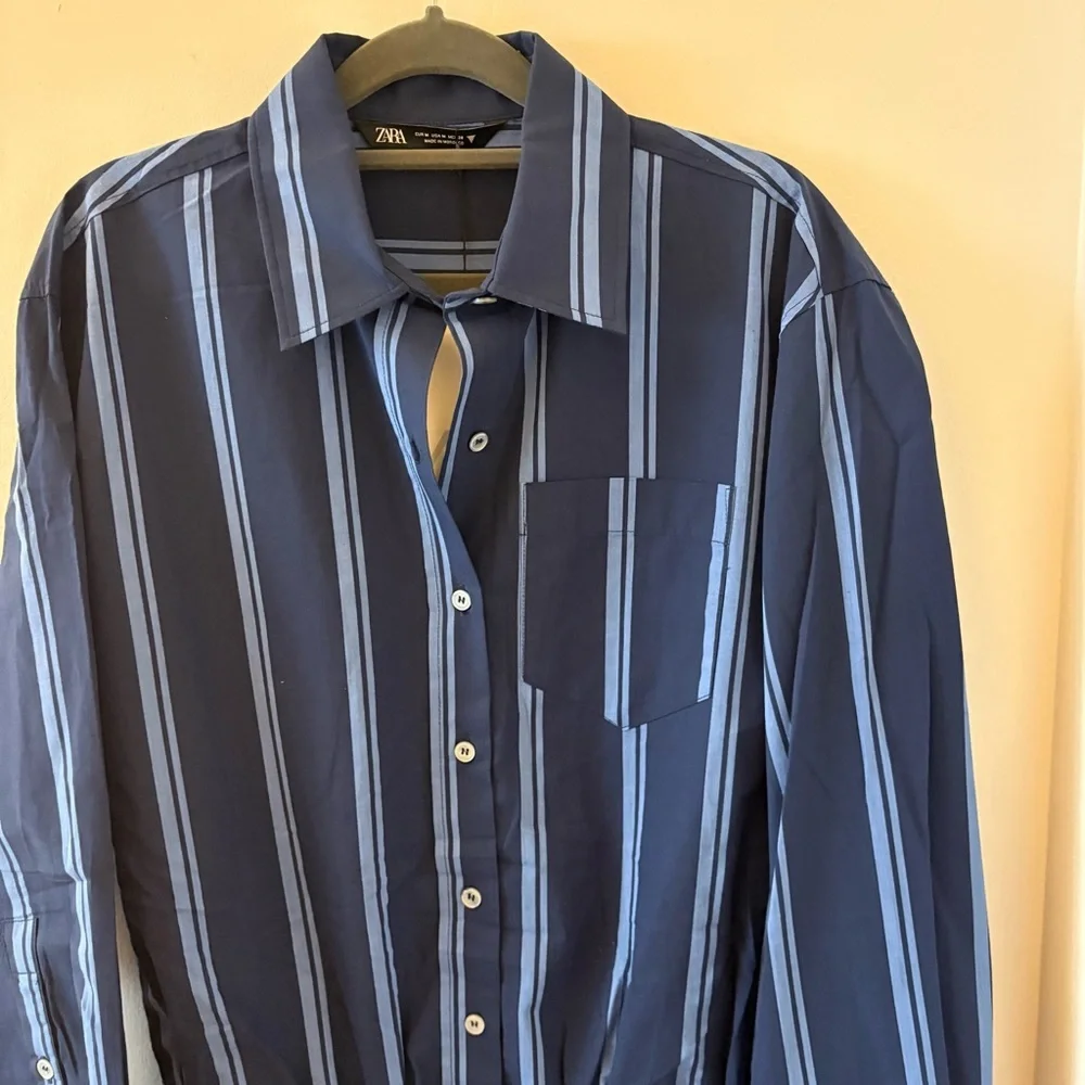 Zara Striped Poplin Jumpsuit Romper 100% Cotton In Blue Size M NWT